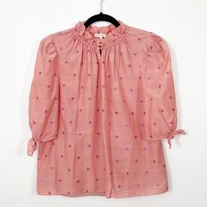 REBECCA TAYLOR Puff Sleeve Metallic Pink Polka Dot Top Size 6 🩷